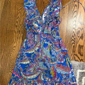 Blue Paisley V-Neck Women's Dress